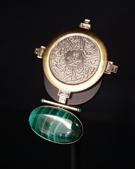 Ezzie Coin Necklace with Amawi Silver Coin (Malachite) with Marquise Diamonds