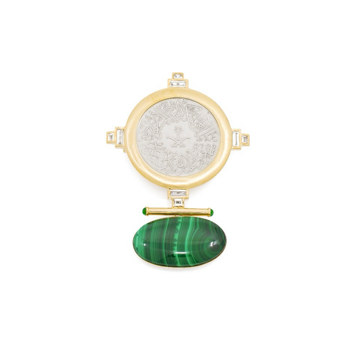 Ezzie Coin Necklace with Amawi Silver Coin (Malachite) with Marquise Diamonds