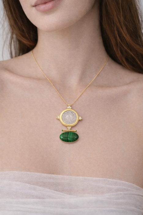 Ezzie Coin Necklace with Amawi Silver Coin (Malachite) with Marquise Diamonds